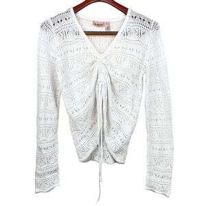 Y2K 90s Womens Top Sz L Crochet Sheer Adjustable Fairy Whimsigoth V Neck Cottage